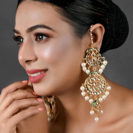 Enamel Floral Ear Chain Earrings with Pearl & Green Bead Drops Pair